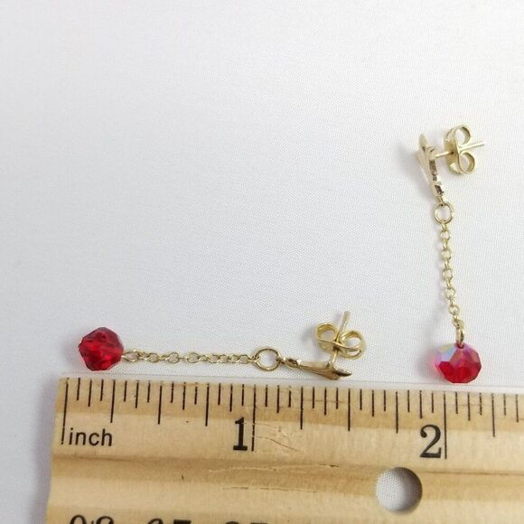 Vintage Red Bead Dangle Stud Earrings, Gold Tone Setting, AB Iridescent, Estate - Picture 4 of 6